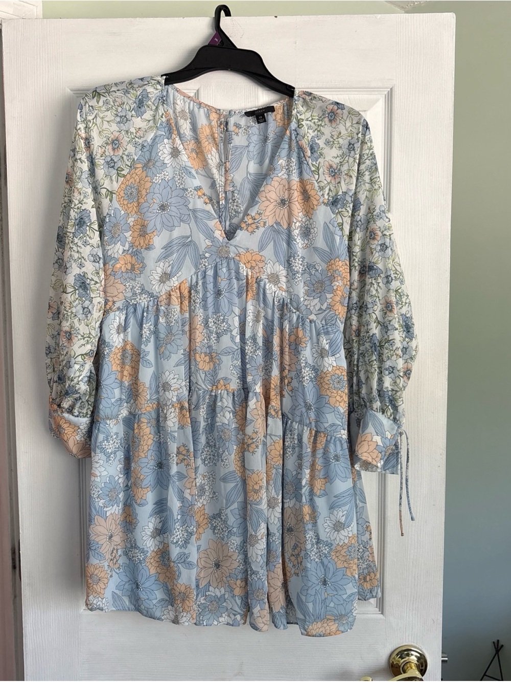 J. Crew Light Blue & Peach Floral Tiered V-Neck Mini Dress